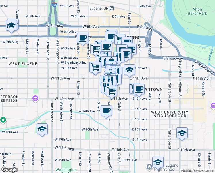 map of restaurants, bars, coffee shops, grocery stores, and more near 1180 Willamette Street in Eugene