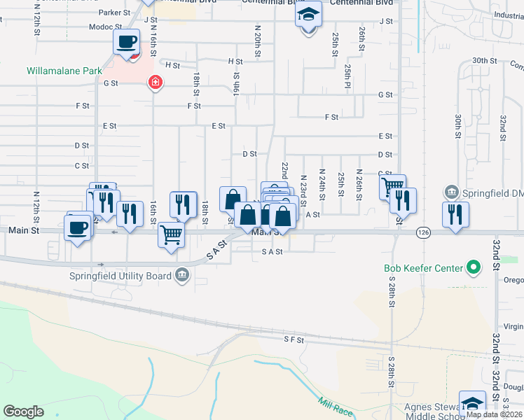 map of restaurants, bars, coffee shops, grocery stores, and more near 244 20th Street in Springfield