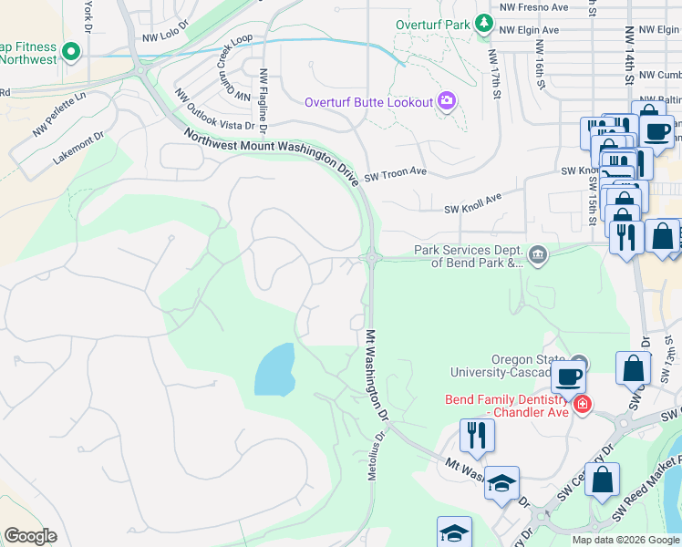 map of restaurants, bars, coffee shops, grocery stores, and more near 19579 Simpson Ave in Bend