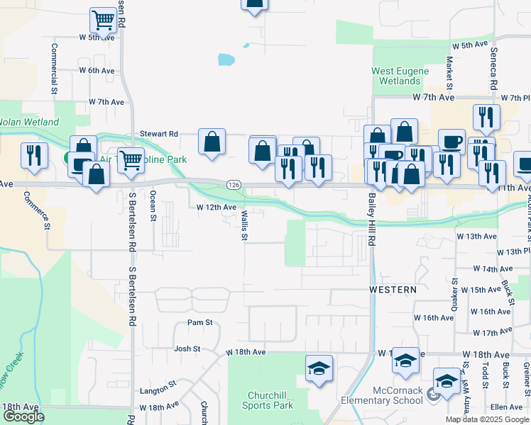 map of restaurants, bars, coffee shops, grocery stores, and more near 3890 West 11th Avenue in Eugene
