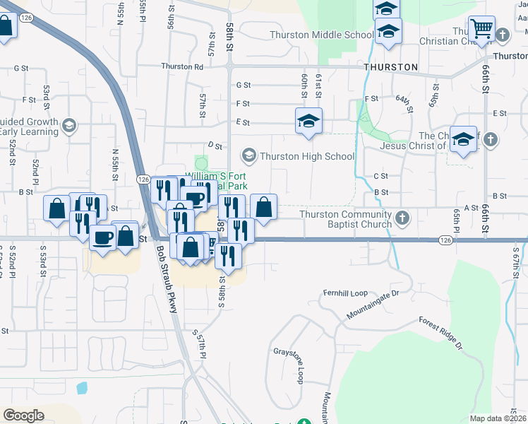 map of restaurants, bars, coffee shops, grocery stores, and more near 5998 A Street in Springfield