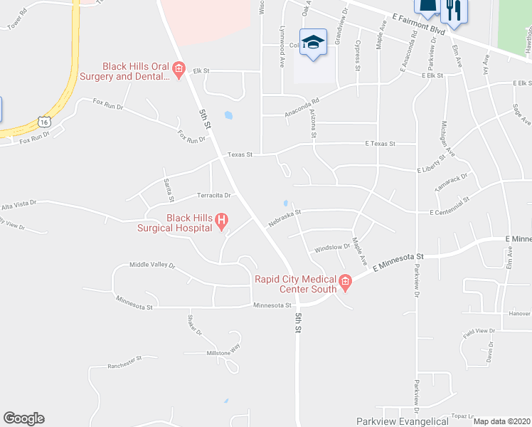 map of restaurants, bars, coffee shops, grocery stores, and more near 132 Nebraska Street in Rapid City