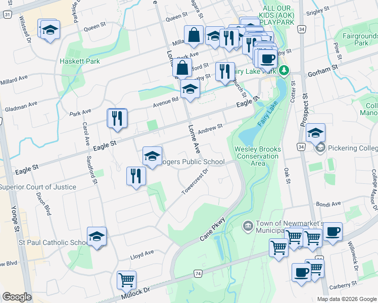 map of restaurants, bars, coffee shops, grocery stores, and more near 347 Ella Court in Newmarket