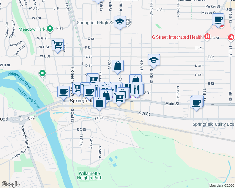 map of restaurants, bars, coffee shops, grocery stores, and more near 702 A Street in Springfield