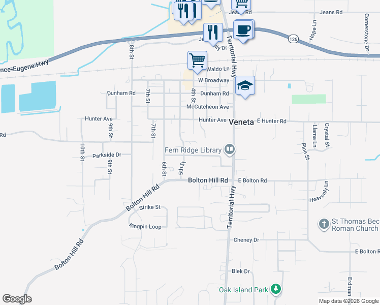 map of restaurants, bars, coffee shops, grocery stores, and more near 24965 Woodland Avenue in Veneta