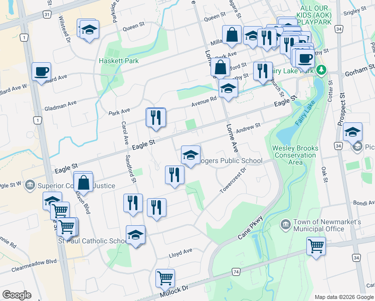 map of restaurants, bars, coffee shops, grocery stores, and more near 254 Andrew Street in Newmarket