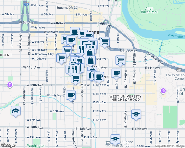 map of restaurants, bars, coffee shops, grocery stores, and more near 180 East 11th Avenue in Eugene