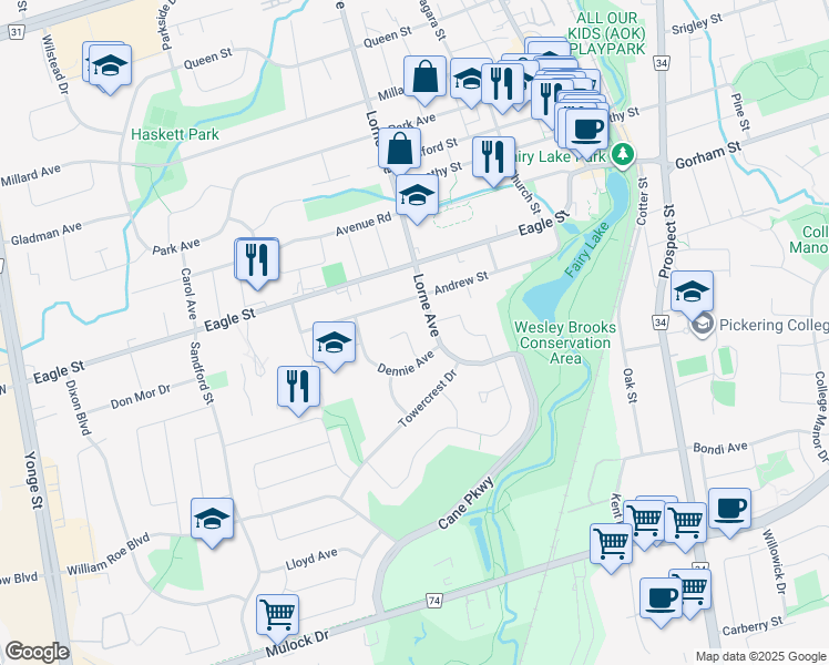 map of restaurants, bars, coffee shops, grocery stores, and more near 347 Ella Court in Newmarket