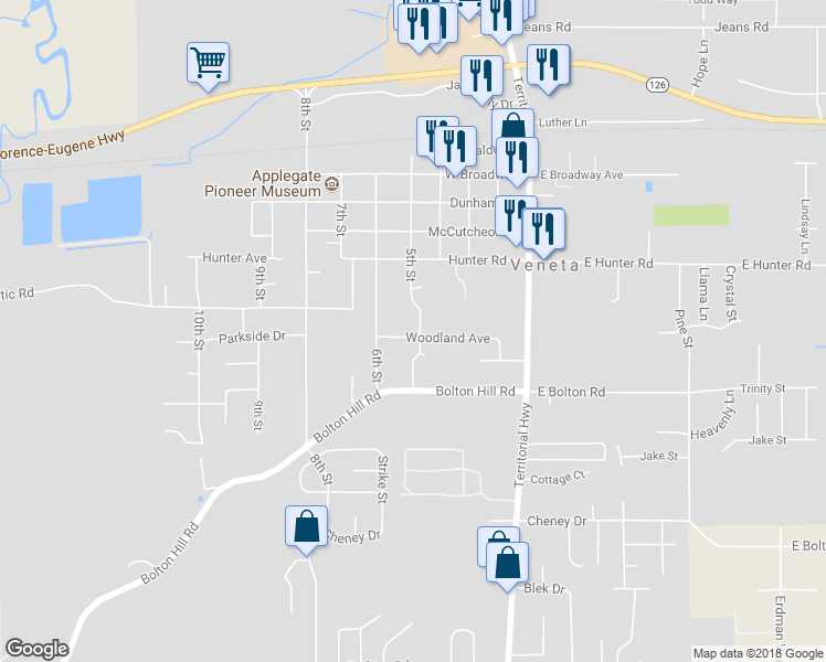 map of restaurants, bars, coffee shops, grocery stores, and more near 88038 5th Street in Veneta