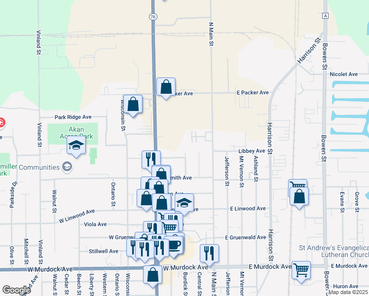 map of restaurants, bars, coffee shops, grocery stores, and more near 2440 Jackson Street in Oshkosh