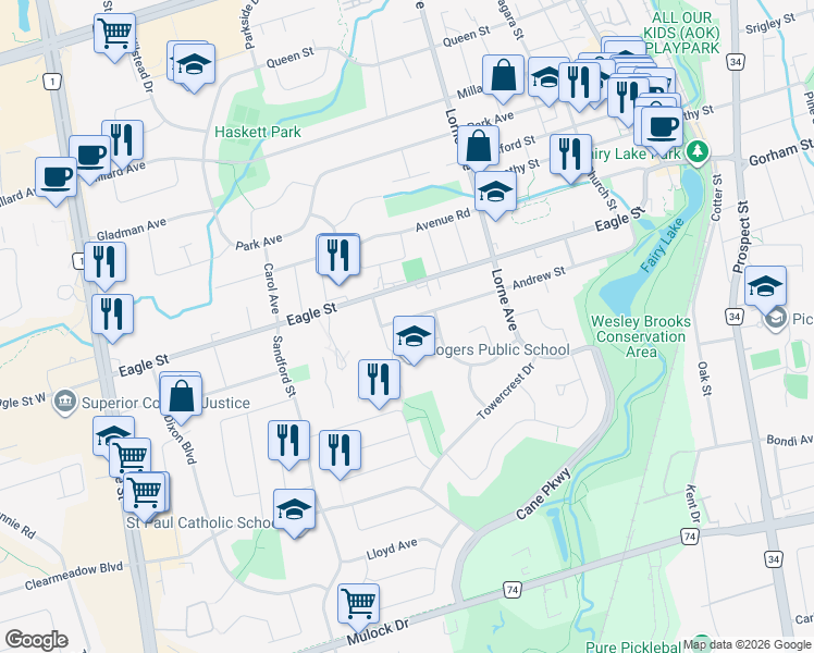 map of restaurants, bars, coffee shops, grocery stores, and more near 254 Andrew Street in Newmarket