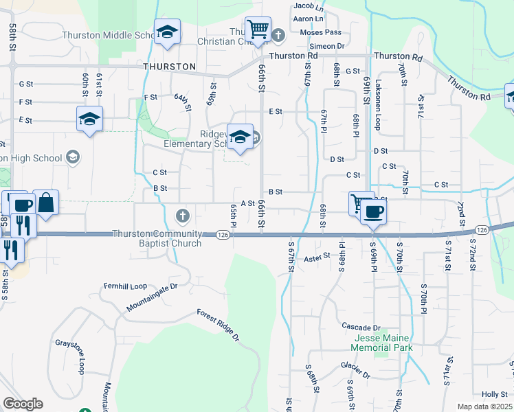 map of restaurants, bars, coffee shops, grocery stores, and more near 174 66th Street in Springfield