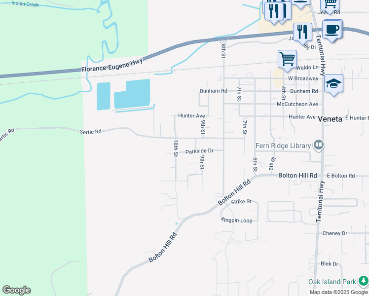 map of restaurants, bars, coffee shops, grocery stores, and more near 24751 Parkside Drive in Veneta