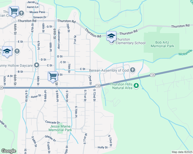map of restaurants, bars, coffee shops, grocery stores, and more near 7282 B Street in Springfield