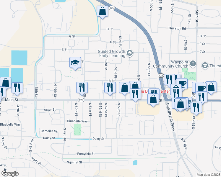map of restaurants, bars, coffee shops, grocery stores, and more near 5297 B Street in Springfield