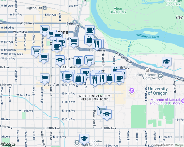 map of restaurants, bars, coffee shops, grocery stores, and more near 588 East 11th Avenue in Eugene