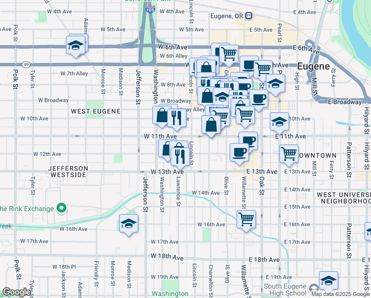 map of restaurants, bars, coffee shops, grocery stores, and more near 1102 Lincoln Street in Eugene