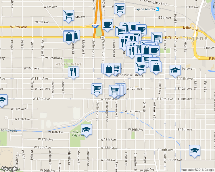 map of restaurants, bars, coffee shops, grocery stores, and more near 1104 Washington Street in Eugene