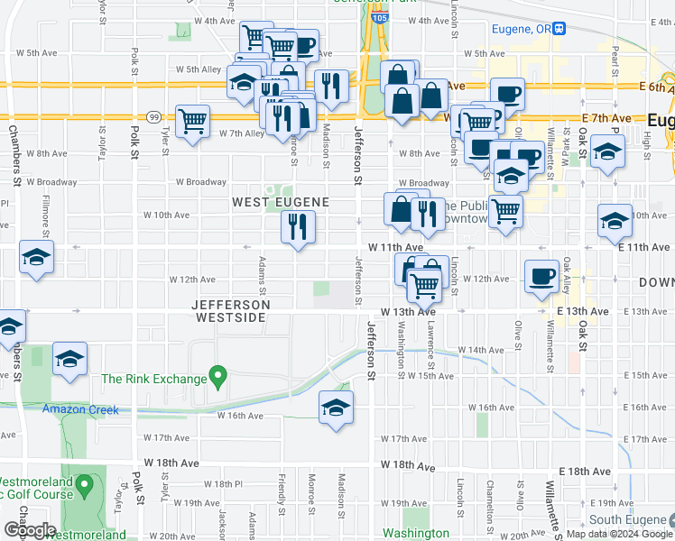 map of restaurants, bars, coffee shops, grocery stores, and more near 700 West 11th Avenue in Eugene