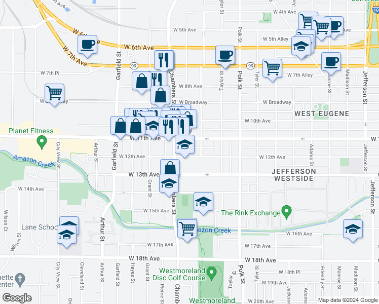 map of restaurants, bars, coffee shops, grocery stores, and more near 1612 West 11th Avenue in Eugene