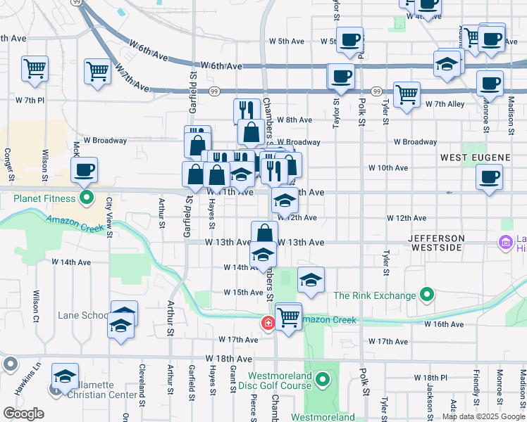 map of restaurants, bars, coffee shops, grocery stores, and more near 1700 West 11th Avenue in Eugene