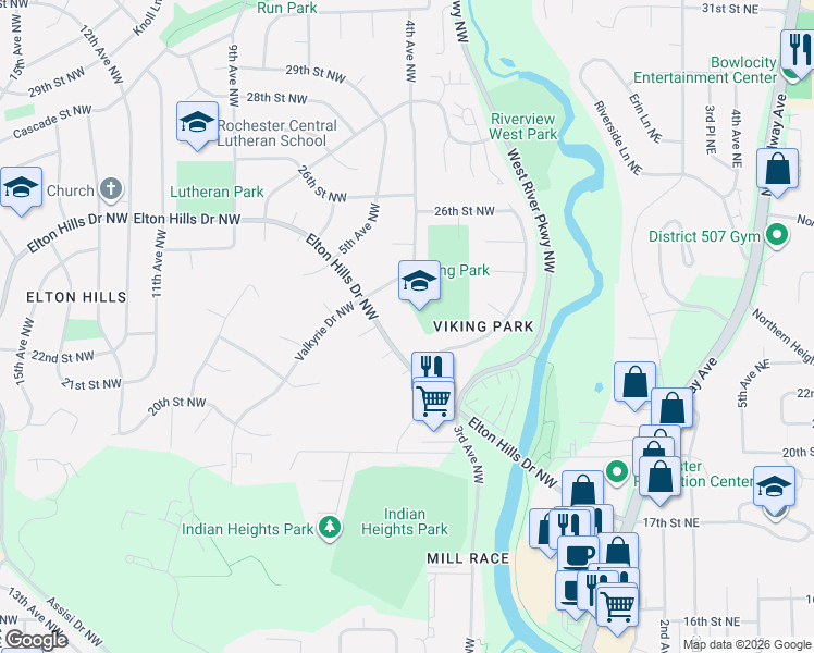 map of restaurants, bars, coffee shops, grocery stores, and more near 369 Elton Hills Drive Northwest in Rochester