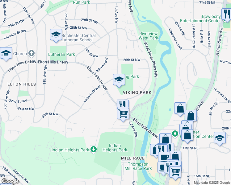map of restaurants, bars, coffee shops, grocery stores, and more near 369 Elton Hills Drive Northwest in Rochester