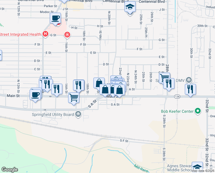 map of restaurants, bars, coffee shops, grocery stores, and more near 220 20th Street in Springfield