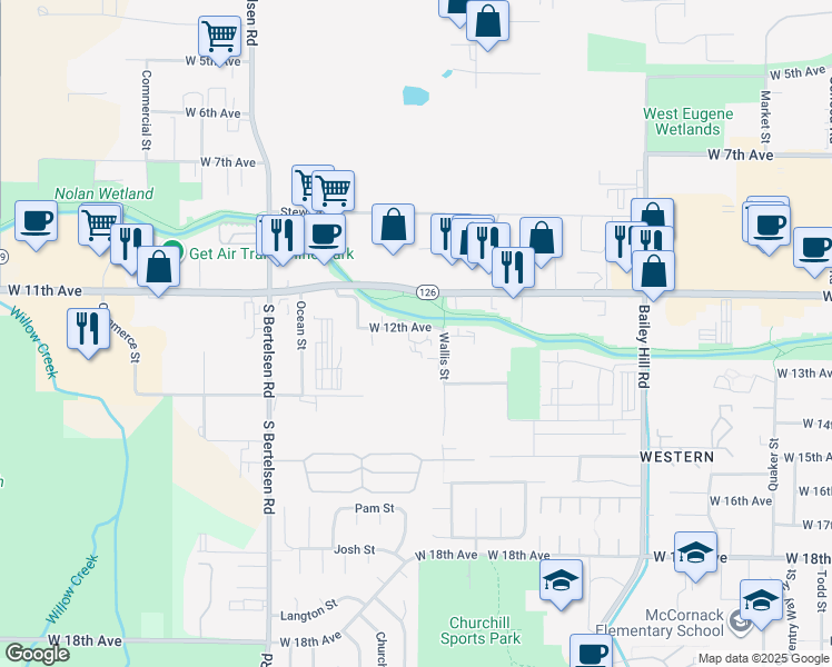 map of restaurants, bars, coffee shops, grocery stores, and more near 3979 West 12th Avenue in Eugene