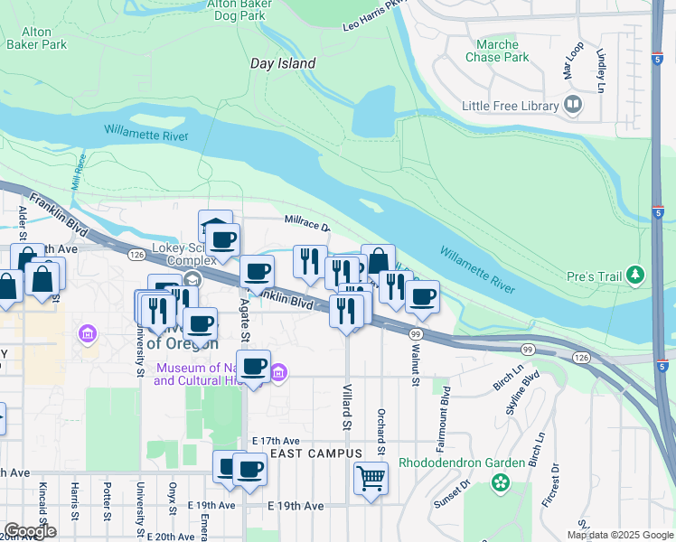 map of restaurants, bars, coffee shops, grocery stores, and more near 1841 Garden Avenue in Eugene