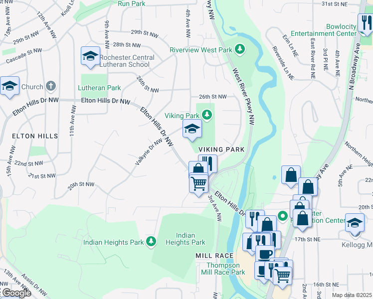 map of restaurants, bars, coffee shops, grocery stores, and more near 369 Elton Hills Drive Northwest in Rochester