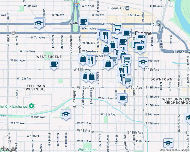 map of restaurants, bars, coffee shops, grocery stores, and more near 1102 Lincoln Street in Eugene