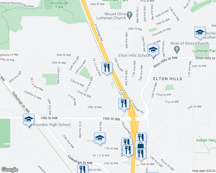map of restaurants, bars, coffee shops, grocery stores, and more near 2308 18 1/2 Avenue Northwest in Rochester