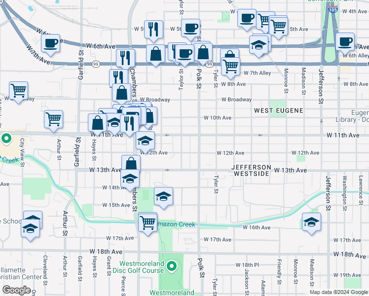 map of restaurants, bars, coffee shops, grocery stores, and more near 1165 Taylor Street in Eugene