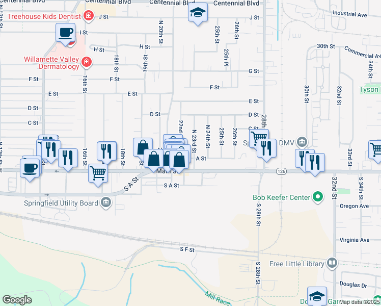 map of restaurants, bars, coffee shops, grocery stores, and more near 230 North 23rd Street in Springfield