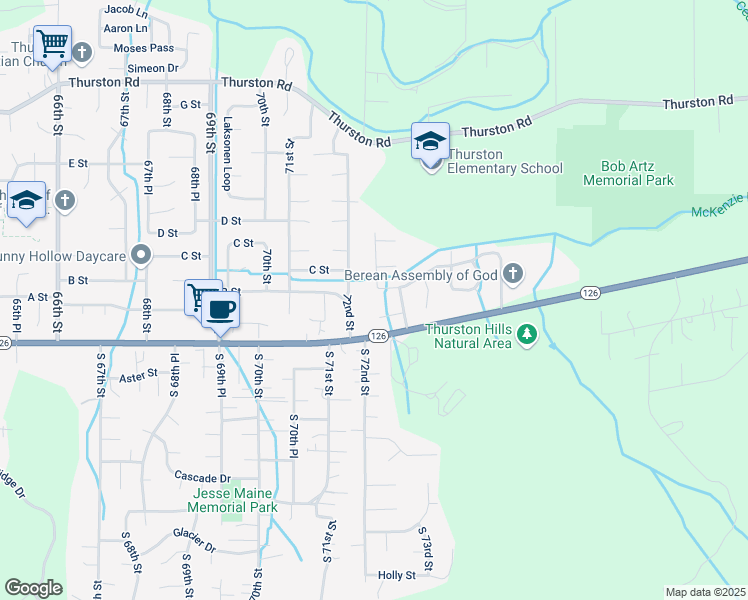 map of restaurants, bars, coffee shops, grocery stores, and more near 7282 B Street in Springfield