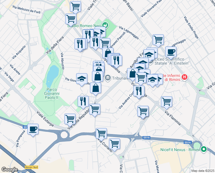 map of restaurants, bars, coffee shops, grocery stores, and more near Via Licio Giorgieri in Rimini