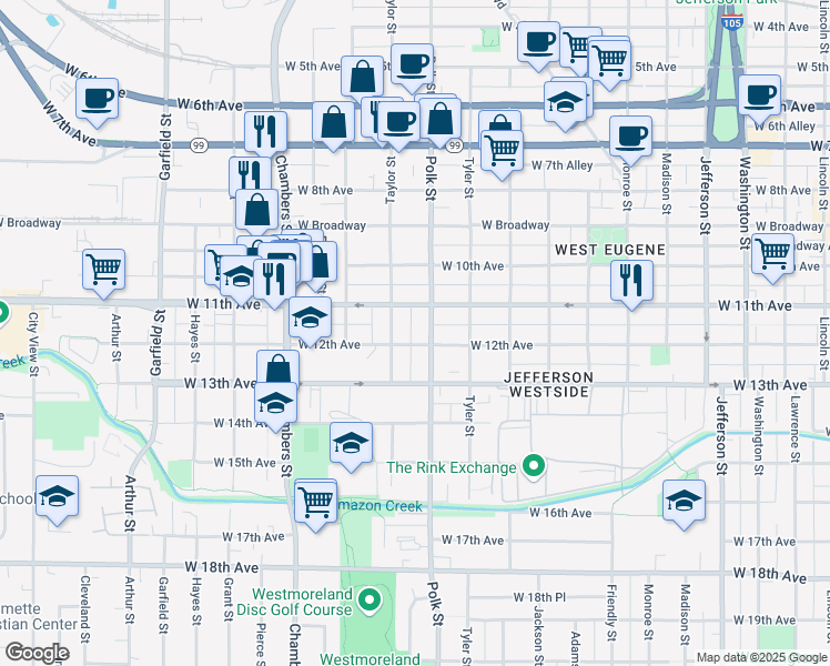 map of restaurants, bars, coffee shops, grocery stores, and more near 1161 Polk Alley in Eugene