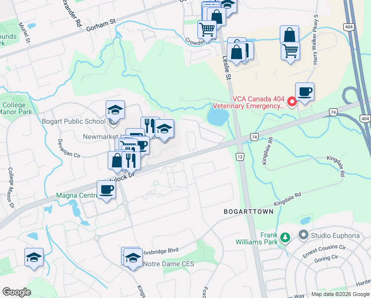 map of restaurants, bars, coffee shops, grocery stores, and more near 129 Gordon Circle in Newmarket