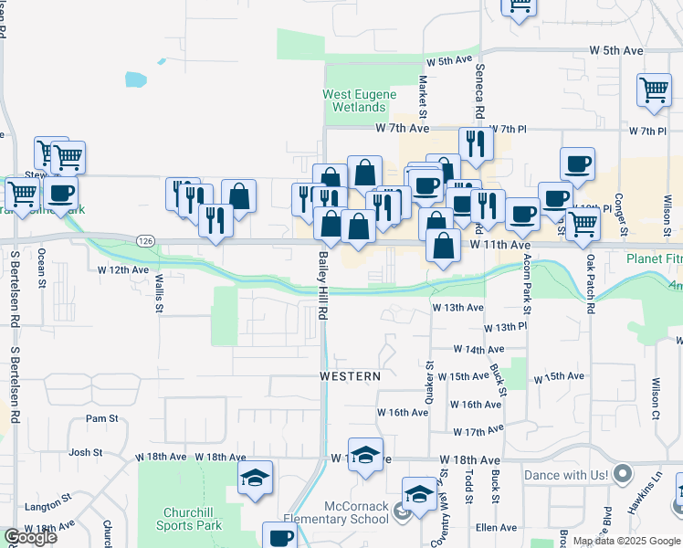 map of restaurants, bars, coffee shops, grocery stores, and more near 3666-G West 11th Avenue in Eugene