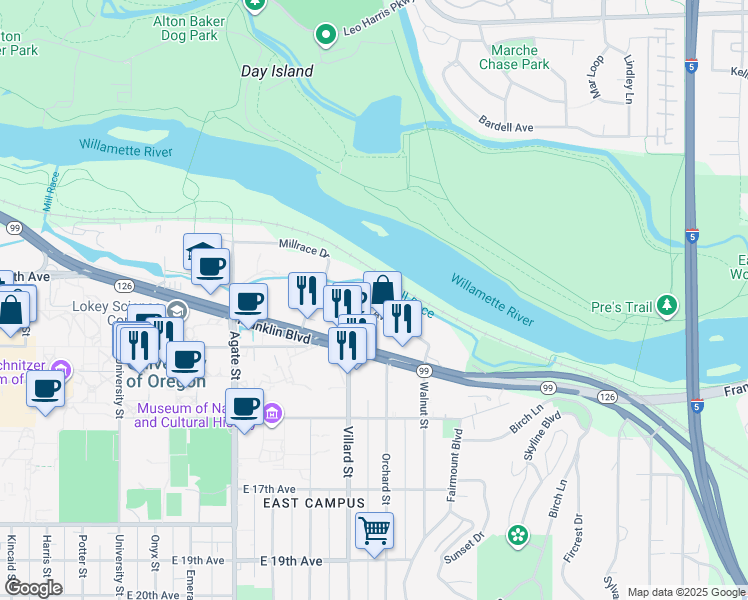 map of restaurants, bars, coffee shops, grocery stores, and more near 1907 Garden Avenue in Eugene