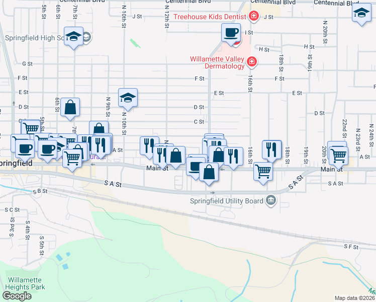 map of restaurants, bars, coffee shops, grocery stores, and more near 157 North 12th Street in Springfield