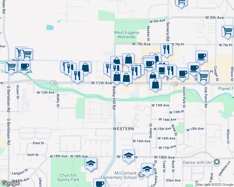 map of restaurants, bars, coffee shops, grocery stores, and more near 3666 West 11th Avenue in Eugene