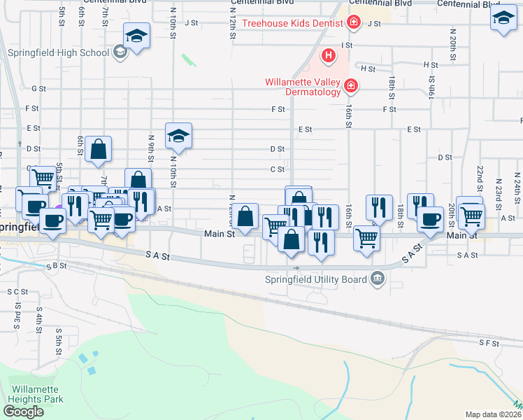 map of restaurants, bars, coffee shops, grocery stores, and more near 157 North 12th Street in Springfield