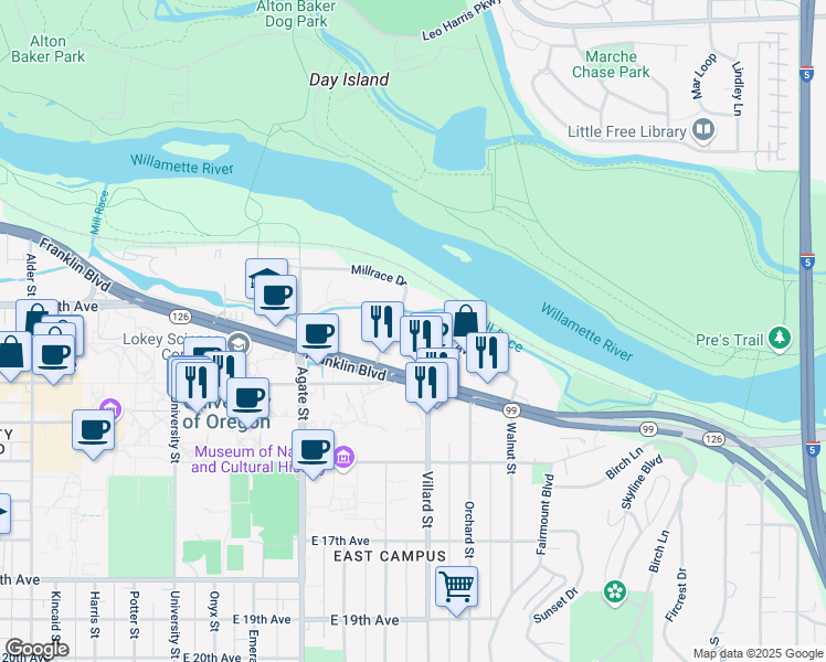 map of restaurants, bars, coffee shops, grocery stores, and more near 1841 Garden Avenue in Eugene
