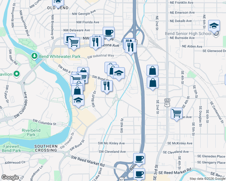map of restaurants, bars, coffee shops, grocery stores, and more near 88 Southwest Scalehouse Loop in Bend