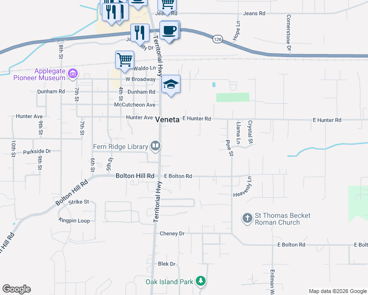 map of restaurants, bars, coffee shops, grocery stores, and more near 88049 Natalie Lane in Veneta