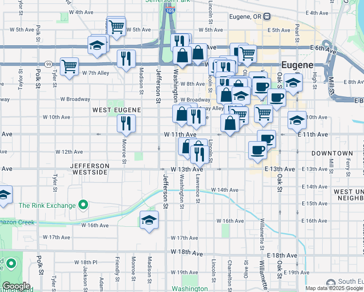 map of restaurants, bars, coffee shops, grocery stores, and more near 1104 Washington Street in Eugene