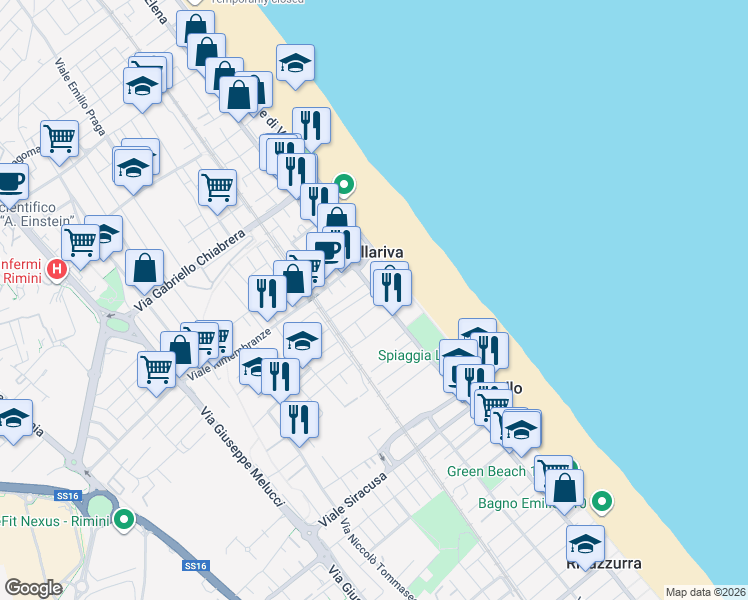 map of restaurants, bars, coffee shops, grocery stores, and more near 5 Viale Bertinoro in Rimini