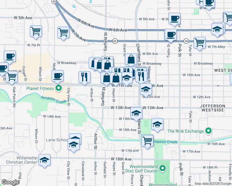 map of restaurants, bars, coffee shops, grocery stores, and more near 1170 Grant Alley in Eugene